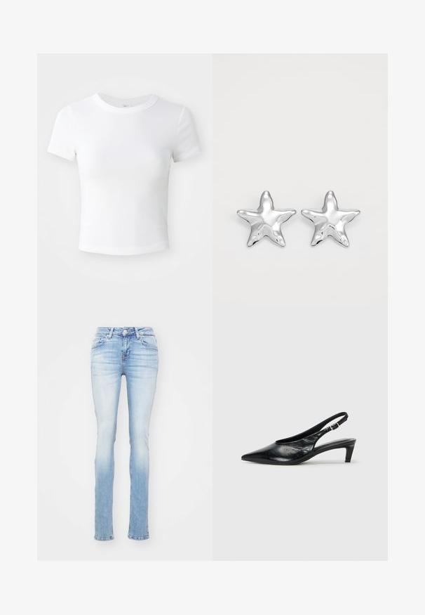 Camiseta corta de manga corta blanca, con cuello redondo, exhibida sobre un fondo neutral claro.; Jeans ajustados de color azul claro, hechos de denim, con una cintura de altura media, cinco bolsillos y un ligero desgastado en los muslos y las rodillas.; Tacón de piel negra tipo slingback con punta afilada, tacón bajo tipo kitten y correa ajustable con hebilla. Textura suave con un detalle mínimo.; Pendientes en forma de estrella plateada con una superficie pulida y brillante. Cada pendiente presenta cinco puntas y sutiles detalles de textura en la superficie.