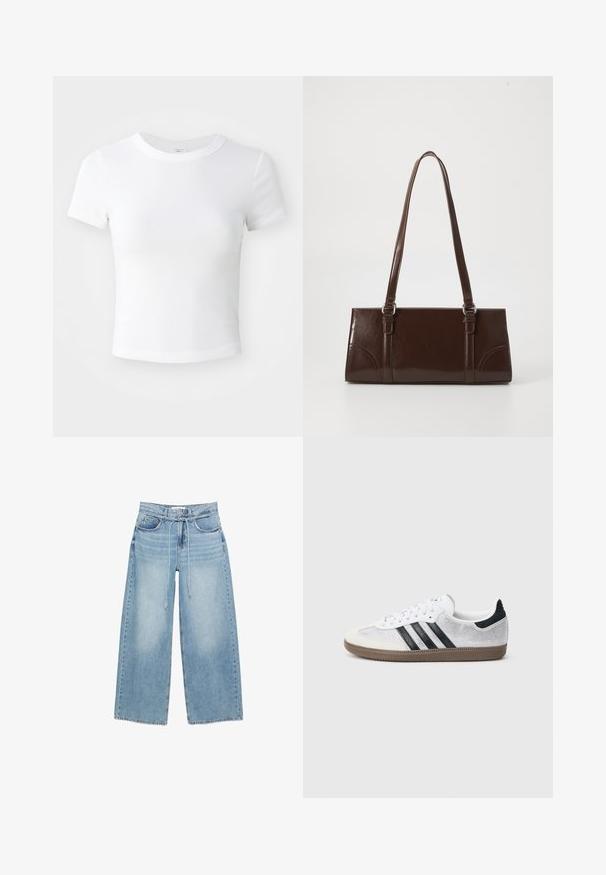 Effen witte cropped t-shirt met korte mouwen en ronde hals, weergegeven op een neutrale lichte achtergrond.; Lichtblauwe wijde spijkerbroek met hoge taille, voorzakken, riemlussen en een dunne verstelbare trekkoordriem.; Witte mesh sneaker met zwarte strepen, beige suède neuskapje en hielaccent, gestructureerde rubberen zool en witte veters. Klassiek ontwerp met lage schacht.; Bruine lakleren handtas met een rechthoekige vorm, twee lange handvatten en subtiele gebogen accenten aan de voorkant.