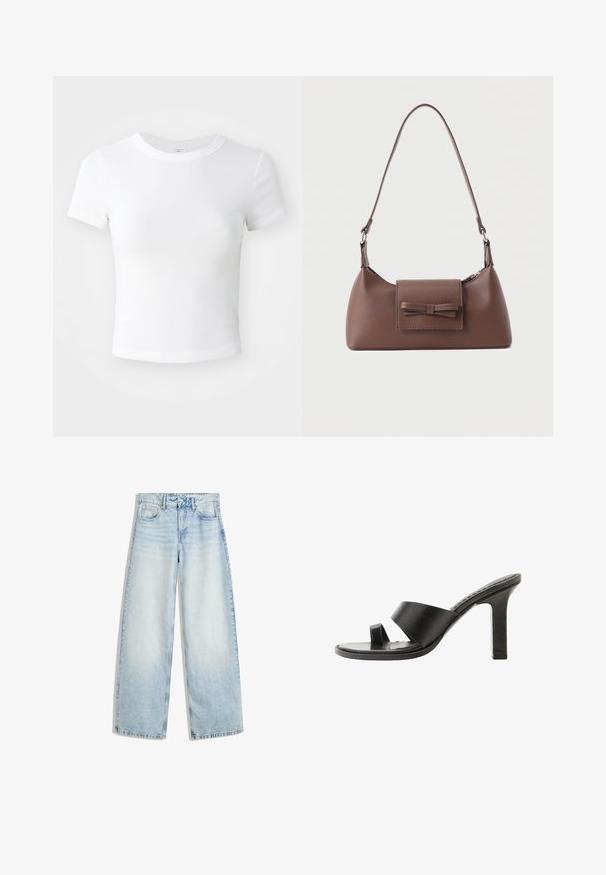 Effen witte cropped t-shirt met korte mouwen en ronde hals, weergegeven op een neutrale lichte achtergrond.; Lichtblauwe denim wijde jeans met een hoge taille, vijf zakken, een knoopsluiting en een vervaagde afwerking. Heeft rechte, losse benen.; Zwarte sandaal met hoge hak, brede band over de voet en teenlus, zijaanzicht op een witte achtergrond.; Bruine leren schoudertas met een voorvak met klep en een gestikte strikdetail en een verstelbare band.