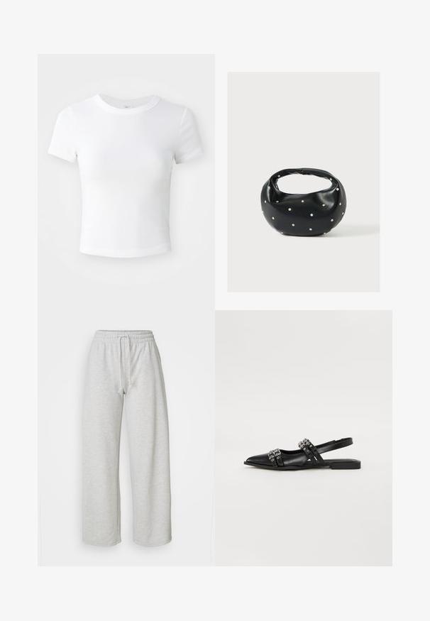 Effen witte cropped t-shirt met korte mouwen en ronde hals, weergegeven op een neutrale lichte achtergrond.; Even&Odd Petite Trainingsbroek - mottled light grey; Even&Odd Slingback ballerina´s - black; Zwarte leren handtas met een afgeronde vorm, versierd met zilveren studs, en een korte handgreep. Gladde textuur en ritsluiting.