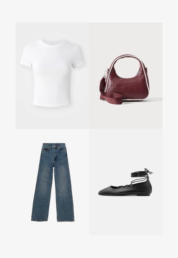 Effen witte cropped t-shirt met korte mouwen en ronde hals, weergegeven op een neutrale lichte achtergrond.; Blauwe denim wijd uitgesneden jeans met een hoge taille, vijf zakken en contrasterende stiksels. Vervagingen en lichte slijtage zichtbaar op de stof.; Zwarte leren platte ballerinaschoen met een puntige neus, meerdere dunne bandjes over de bovenkant en veterstrikjes die rond de enkel zijn gewikkeld.; Donkerrode geweven leren handtas met gebogen handvat, witte bies, zilveren rits en afneembare brede stoffen schouderriem tegen een effen achtergrond.
