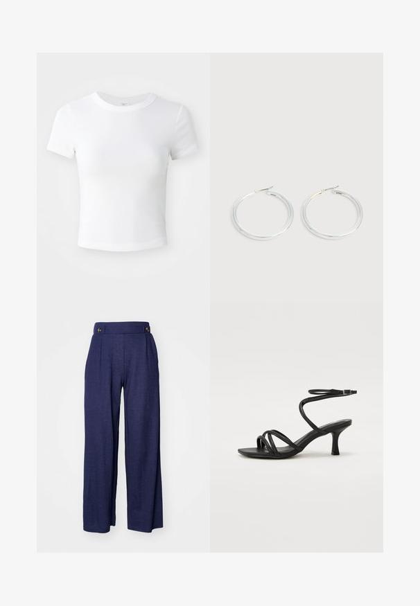 Simpel hvid kortærmet cropped t-shirt med rund halsudskæring, præsenteret på en neutral lys baggrund.; Marineblå brede bukser lavet af et blødt stof, med plisseringer og to knapper foran i taljen for ekstra detaljer.; Even&Odd Wide Fit Sandaler - black; Par skinnende sølvøreringe med tynde trådlåse, vist på en lys grå baggrund.