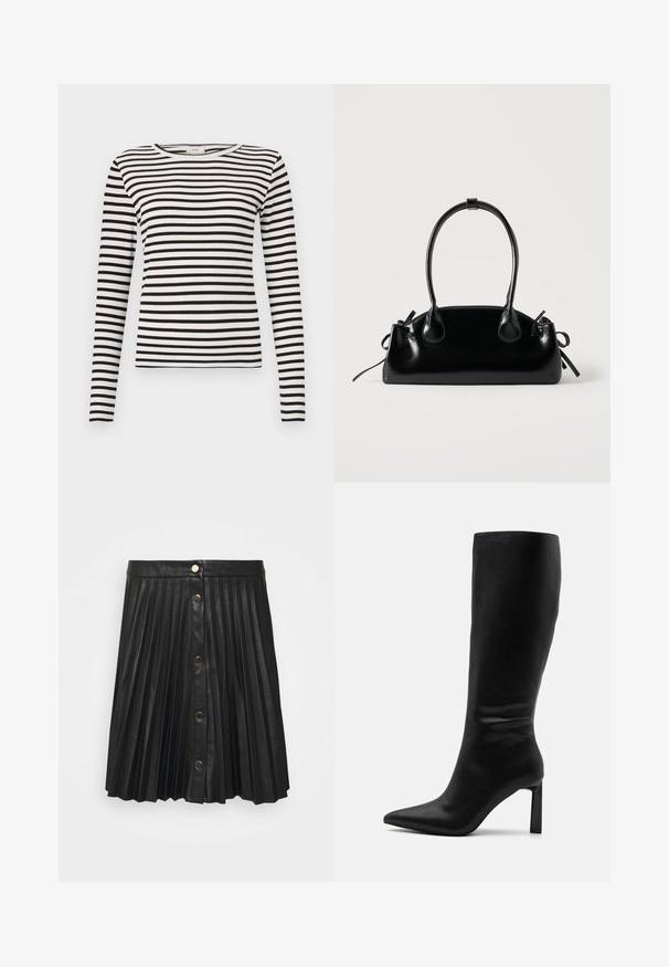 Zwart-wit gestreepte lange mouwen shirt met een ronde hals en een aansluitende ribbelstructuur. Evenwichtige streepbreedte in het hele shirt.; VILA VIAMINA BUTTON SKIRT - Minirok - black; Even&Odd by Zalando Laarzen - black; Kleine zwarte glanzende handtas met twee lange hengsels en zijkant trekkoord details op een effen lichte achtergrond.