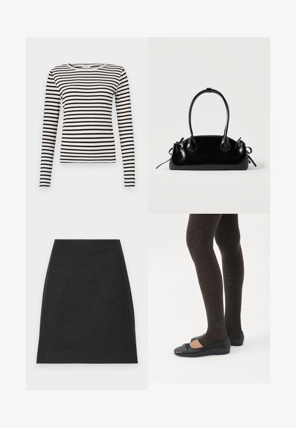 Zwart-wit gestreepte lange mouwen shirt met een ronde hals en een aansluitende ribbelstructuur. Evenwichtige streepbreedte in het hele shirt.; Zwarte wollen mini-jurk met een rechte silhouet, zachte textuur en subtiele zijnaden. Geen zichtbare sluitingen of patronen.; Benen met donkere geribbelde leggings gecombineerd met zwarte ballerina's met kleine strikdetails op een witte achtergrond.; Kleine zwarte glanzende handtas met twee lange hengsels en zijkant trekkoord details op een effen lichte achtergrond.