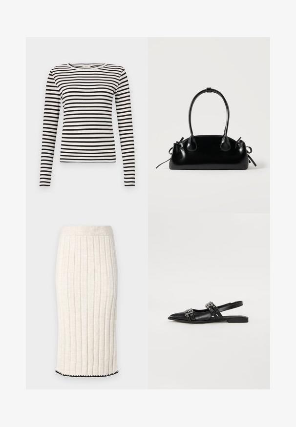 Zwart-wit gestreepte lange mouwen shirt met een ronde hals en een aansluitende ribbelstructuur. Evenwichtige streepbreedte in het hele shirt.; Gehaakte midi rok in off-white, met verticale ribbels, een aansluitende taille en een zwarte gebogen zoom. Soepele textuur met een zachte val.; Even&Odd by Zalando Slingback ballerina´s - black; Kleine zwarte glanzende handtas met twee lange hengsels en zijkant trekkoord details op een effen lichte achtergrond.