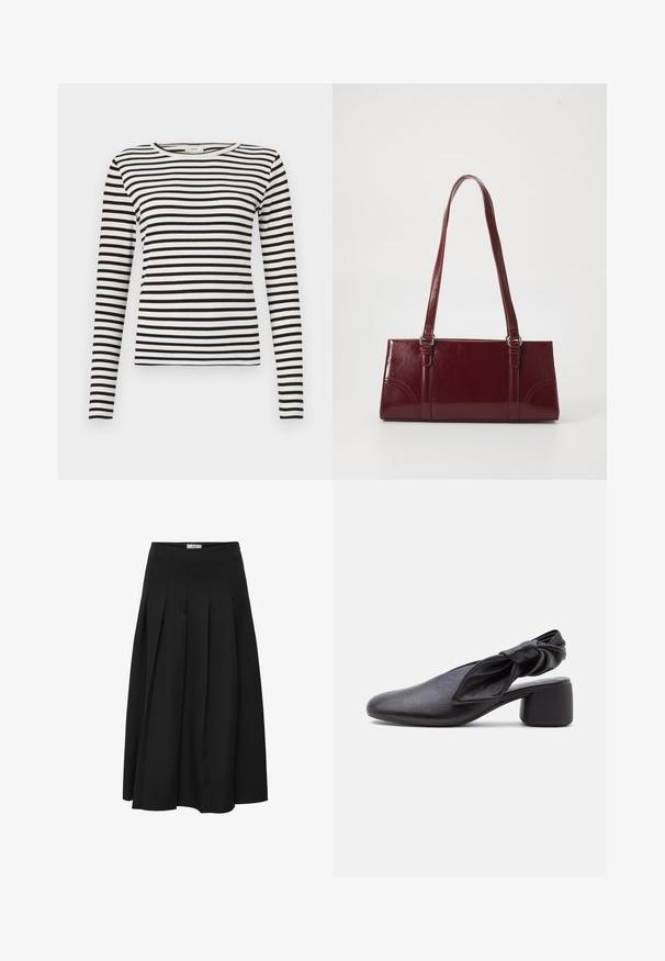 Chemise à rayures noires et blanches à manches longues avec un col rond et une texture côtelée ajustée. Largeur des rayures équilibrée sur l'ensemble.; Jupe midi plissée noire en tissu lisse. Elle présente une taille haute et une silhouette fluide avec des plissés soigneusement cousus.; Chaussure slingback en cuir noir avec bout arrondi, détail de bride nouée et petit talon carré sur fond blanc.; Sac à main bordeaux en matériau brillant, de forme rectangulaire, avec deux anses et des accents légèrement courbés à l'avant.