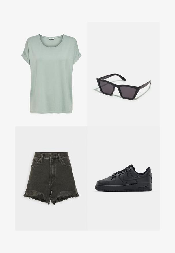 Lys grøn t-shirt med korte ærmer og rund halsrigning. Blød, glat tekstur med opslåede ærmer og en afslappet pasform. Enkel design, ingen mønstre.; Sorte denimshorts med frynset kant, høj talje, fem lommer og knaplukning. Den slidte tekstur tilføjer visuel interesse.; Sorte lædersneakers med perforeret tåboks, flade snørebånd og gummisål. Har et lille logo på siden og tekstureret detaljering.; Sorte, kantede solbriller med grå linser; lavet af plast, med tykke stænger med en glat overflade og ingen synlig hardware.