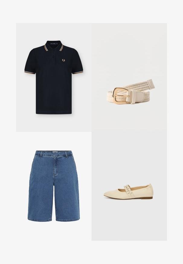 Marineblaues Poloshirt mit kurzen Ärmeln, Zweiknopfleiste und kleinem gesticktem Logo auf der linken Brust, mit orange-weißem Kragenbesatz.; Denim-Shorts mit blauem Waschdesign, klassischem Schnitt, fünf Taschen und kontrastierenden Nähten an den Säumen. Mittlere Taillenhöhe und gerades Bein.; Beiger flacher Schuh mit spitz zulaufender Spitze, zwei dünnen mit Nieten besetzten Riemen und niedrigem Holzabsatz, seitlich auf einfachem Hintergrund betrachtet.; Beiger gewebter Stoffgürtel mit einer glänzenden goldfarbenen rechteckigen Schnalle, zusammengerollt auf weißem Hintergrund.