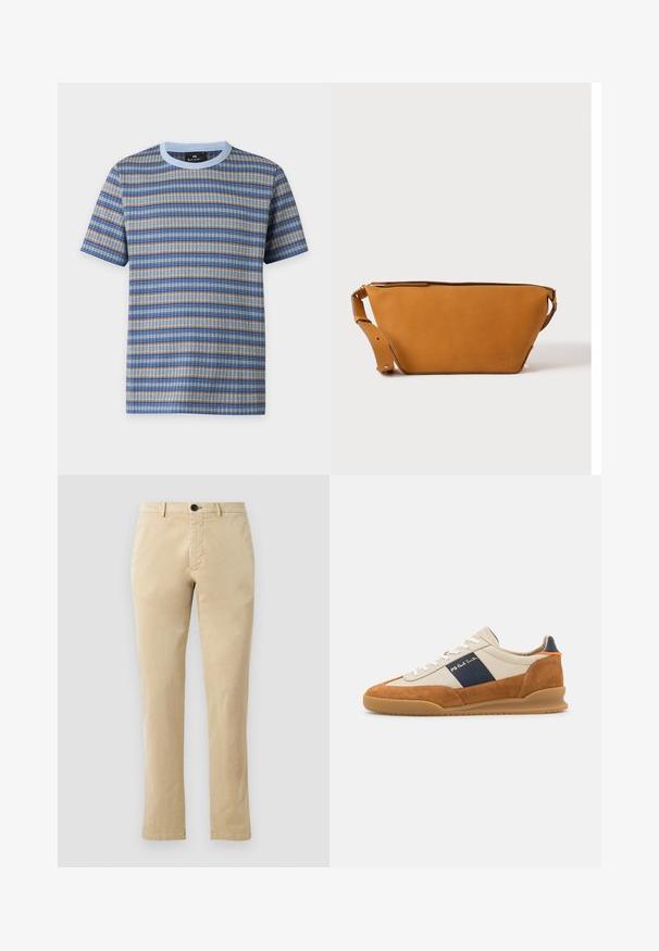 T-shirt met korte mouwen en ronde hals met een horizontaal blauw, beige en grijs gestreept gebreid patroon en een lichtblauwe kraag.; Beige katoenen chinos met een rechte pijp, voorzien van een voorknopsluiting en subtiele stiksels. Gladde textuur en geen patronen.; PS Paul Smith DOVER - Sneakers laag - cognac/off-white; Lichtbruine leren crossbodytas met verstelbare band en ritssluiting, getoond tegen een effen lichte achtergrond.