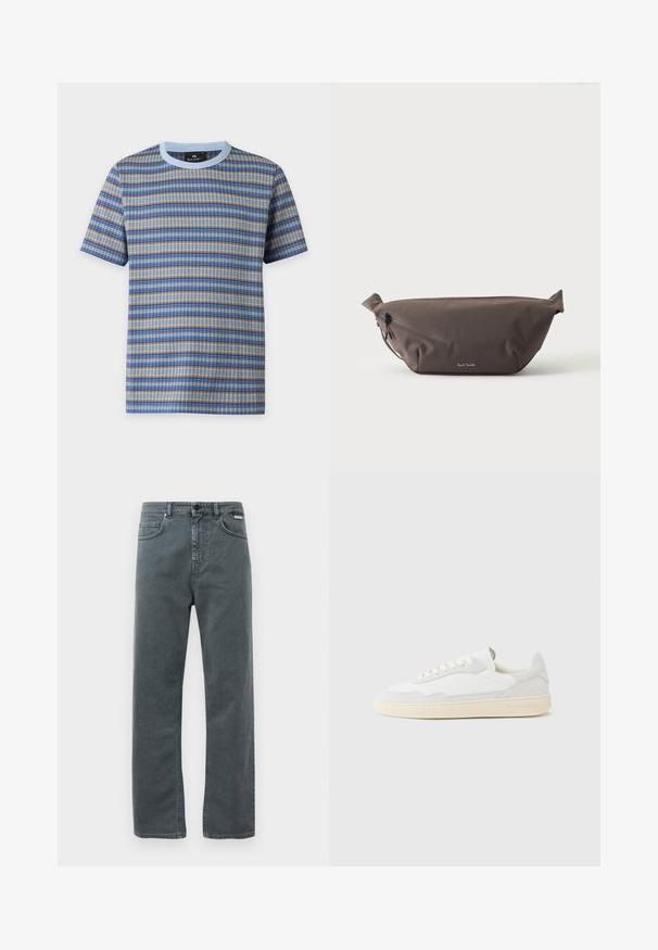 Kurzärmeliges T-Shirt mit Rundhalsausschnitt und horizontal blau-beige-grau gestreiftem Strickmuster sowie hellblauem Kragen.; Graue Jeans aus Denim mit geradem Bein, fünf Taschen und Knopfverschluss. Verfügt über dezente Nähte und ein klassisches, minimalistisches Design.; Weißer Sneaker mit strukturiertem Obermaterial aus Wildleder und Leder. Verfügt über eine runde Zehenpartie, Schnürverschluss und eine kontrastierende beige Gummisohle.; Dunkelbraune Stoff-Gürteltasche mit diagonalem Reißverschlussfach und kleinem weißen Logo vorne, vor einem einfarbigen hellen Hintergrund.