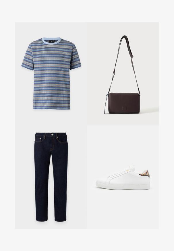 Camiseta de manga corta con cuello redondo con patrón de punto a rayas horizontales en azul, beige y gris, y cuello azul claro.; Vaqueros de mezclilla azul oscuro con diseño de pierna recta, con costuras naranjas, cinco bolsillos y un cierre frontal con botón.; Zapatilla de cuero blanca con un acabado suave, que presenta un acento de rayas coloridas en el talón, ojal dorado y suela plana blanca.; Bolso bandolera de cuero marrón oscuro con textura, correa ajustable y pequeño adorno decorativo azul en el lateral.