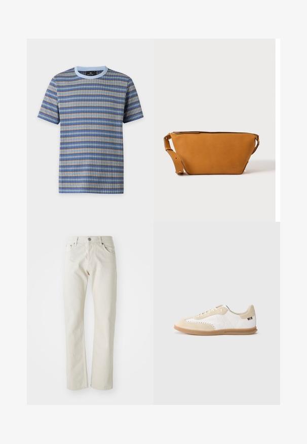 Kurzärmeliges T-Shirt mit Rundhalsausschnitt und horizontal blau-beige-grau gestreiftem Strickmuster sowie hellblauem Kragen.; Helle beige Jeans aus Baumwolle mit geradem Bein, fünf Taschen und silbernem Metallknopfverschluss.; Weißer Sneaker mit hellbeigen Wildledereinsätzen, perforierten Details, flachen Schnürsenkeln und einer Gummisohle in Karamellfarbe. Mit gestreiftem Markenlogo an der Ferse.; Hellbraune Leder-Umhängetasche mit verstellbarem Schulterriemen und Reißverschluss, vor einem schlichten hellen Hintergrund gezeigt.
