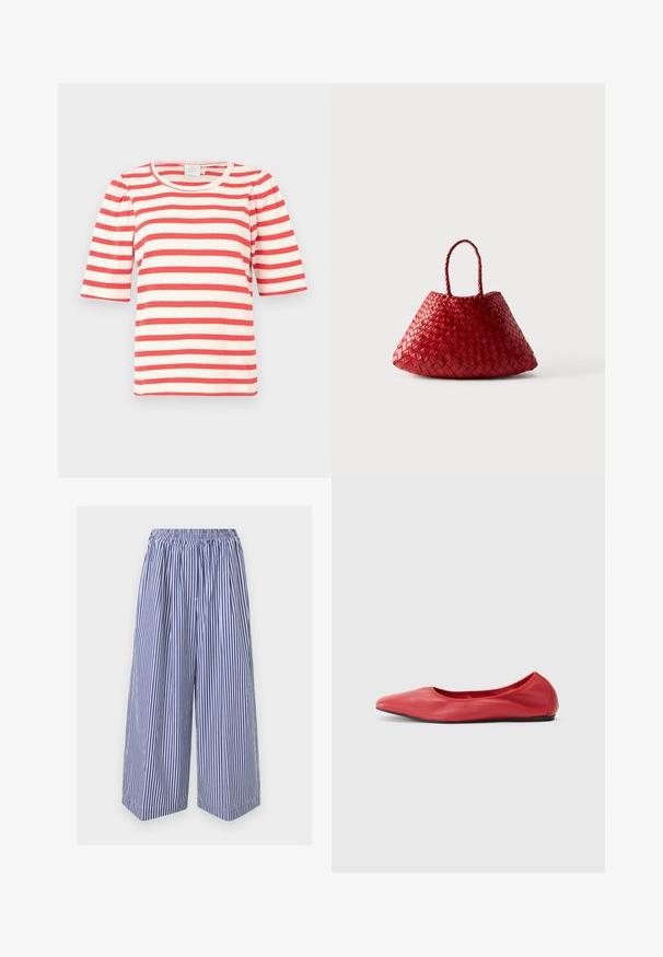 Red and white striped short-sleeve top with a ribbed texture and rounded neckline. Puff sleeves add volume to the design.; Blue and white vertical striped wide-leg cropped pants with elastic waistband and loose fit.; Filippa K REY FLATS - Ballet pumps - bright red; Red woven leather handbag with a rounded, triangular shape and two braided handles on a white background.