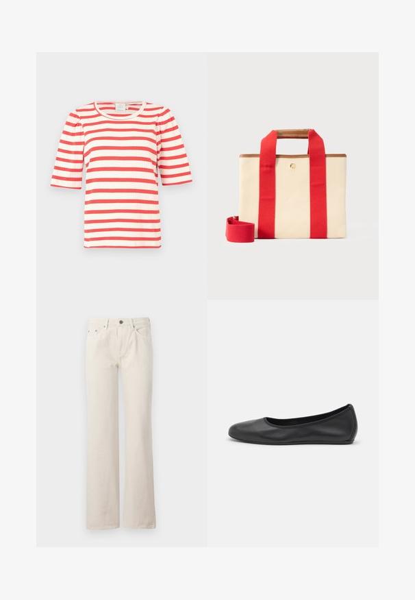 Rød- og hvidstribet kortærmet top med ribbet tekstur og rund halsudskæring. Puffærmer tilføjer volumen til designet.; Beige wide-leg jeans lavet af bomuld, med forlommer, lynlås og en subtil tekstureret finish. Klassisk design med en afslappet pasform.; Sort læderballetsko med rund tå, glat tekstur, minimal syning og et fleksibelt såldesign.; Beige rektangulær lærredstaske med brede røde stropper, brun læderkant og en aftagelig rød skulderrem på en lys baggrund.