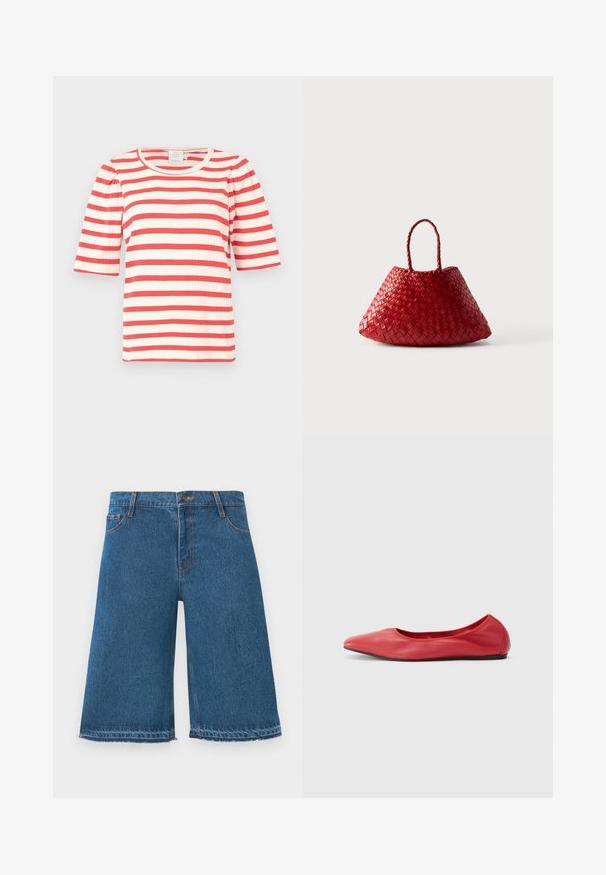 Rood-witte gestreepte korte mouw top met een ribbelstructuur en ronde halslijn. Poefmouwen voegen volume toe aan het ontwerp.; Blauwe denim knielange shorts met rafelige zomen, knop aan de voorkant en zakken op een effen witte achtergrond.; Filippa K REY FLATS - Ballerina's - bright red; Rode geweven leren handtas met een afgeronde, driehoekige vorm en twee gevlochten handvatten op een witte achtergrond.