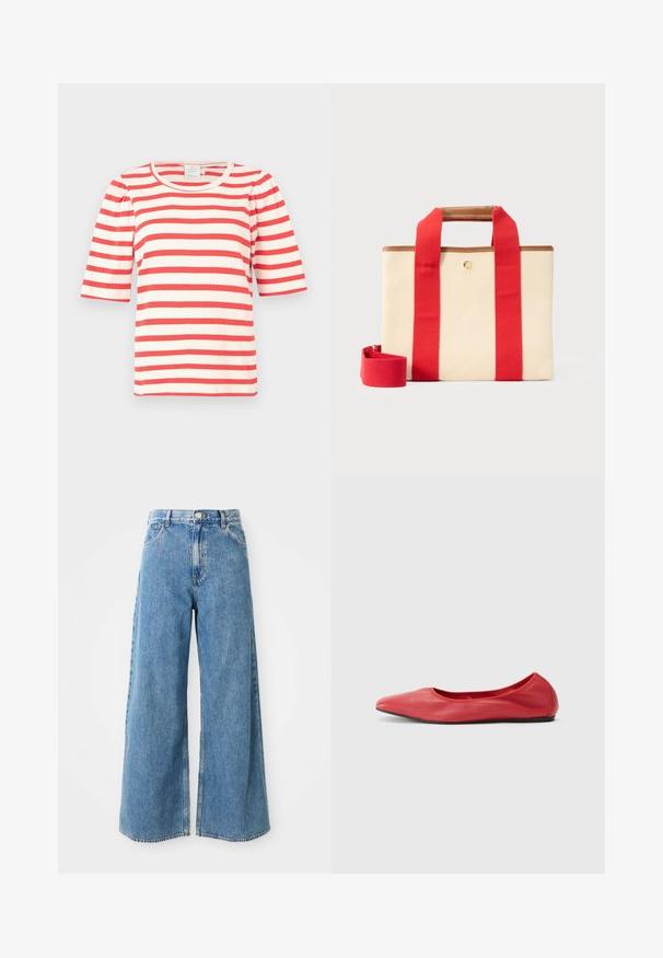 Haut à manches courtes rayé rouge et blanc avec une texture côtelée et un col rond. Les manches bouffantes ajoutent du volume au design.; Jean en denim léger bleu clair à taille haute, avec fermeture à boutons et à glissière à l'avant, et poches avant sur fond blanc.; Filippa K REY FLATS - Ballerines - bright red; Sac fourre-tout rectangulaire en toile beige avec larges bandoulières rouges, garniture en cuir marron, et bandoulière rouge amovible sur un fond clair.