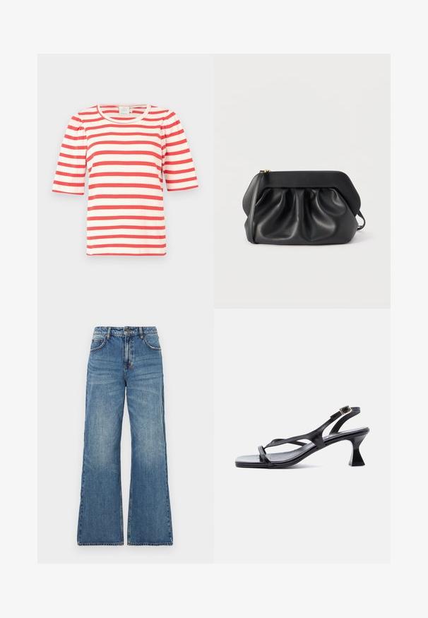 Rød- og hvidstribet kortærmet top med ribbet tekstur og rund halsudskæring. Puffærmer tilføjer volumen til designet.; Lys blå denim jeans med høj talje, brede udvidede ben og klassisk fem-lomme design. Bleg tekstur med synlige syningsdetaljer.; Sort lædersandal til kvinder med tynde stropper, firkantet tå, justerbar ankelrem og udvidet mellemhøj hæl.; Sort læderclutch med struktureret ramme, rynkedetaljer og en slank håndledsrem på hvid baggrund.