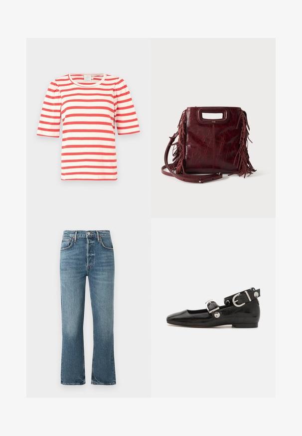 Rot-weißer gestreifter Kurzarm-Top mit gerippter Textur und rundem Halsausschnitt. Puffärmel verleihen dem Design Volumen.; Hellblaue Denim-Jeans mit hoher Taille, geradem Bein und dezentem Verblassen. Verfügt über klassischen Fünf-Taschen-Stil und Metallknopfverschluss.; Schwarze Lackleder-Ballerina mit eckiger Zehenpartie, Knöchelriemen mit silberner Hardware und flacher Sohle. Glatte Textur mit minimalistischen Design.; Quadratische burgunderrote Lederhandtasche mit ausgeschnittenem Griff, seitlichen Fransen und verstellbarem Schulterriemen auf einfarbigem Hintergrund.