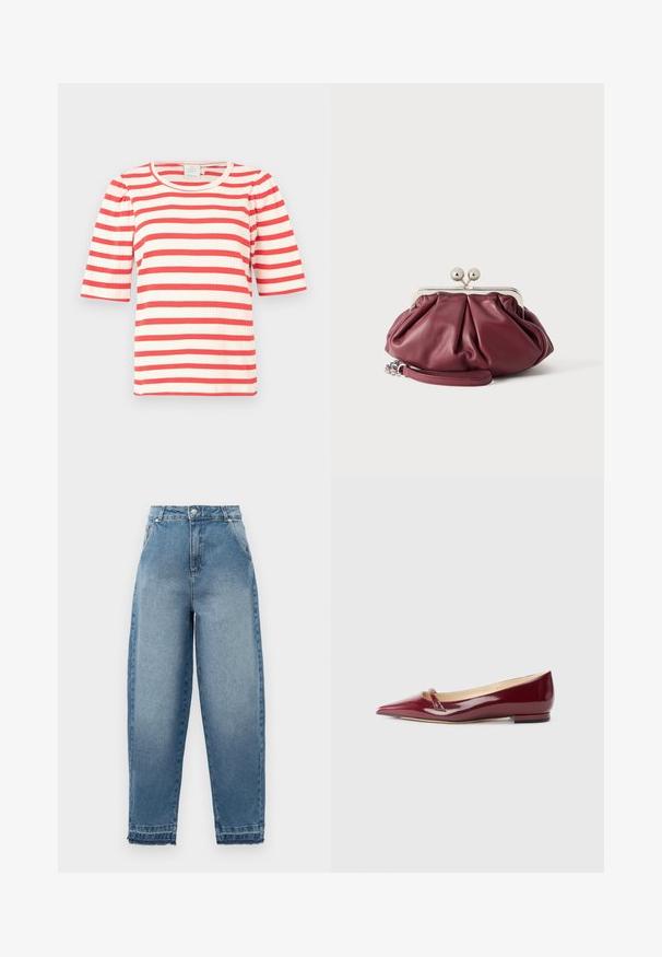 Rood-witte gestreepte korte mouw top met een ribbelstructuur en ronde halslijn. Poefmouwen voegen volume toe aan het ontwerp.; Lichtblauwe denim jeans met een hoge taille, losse pasvorm, vijfzakkenontwerp en rafelige zoom. Kenmerkt klassieke stiksels en een ritssluiting.; Bordeaux patent leren ballerina's met een puntige neus, voorzien van een klein uitsnijdetail en een lage hak. Glad textuur en een slank ontwerp.; Kleine bordeauxrode leren clutch met zilveren metalen gesp en polsriem op een witte achtergrond.