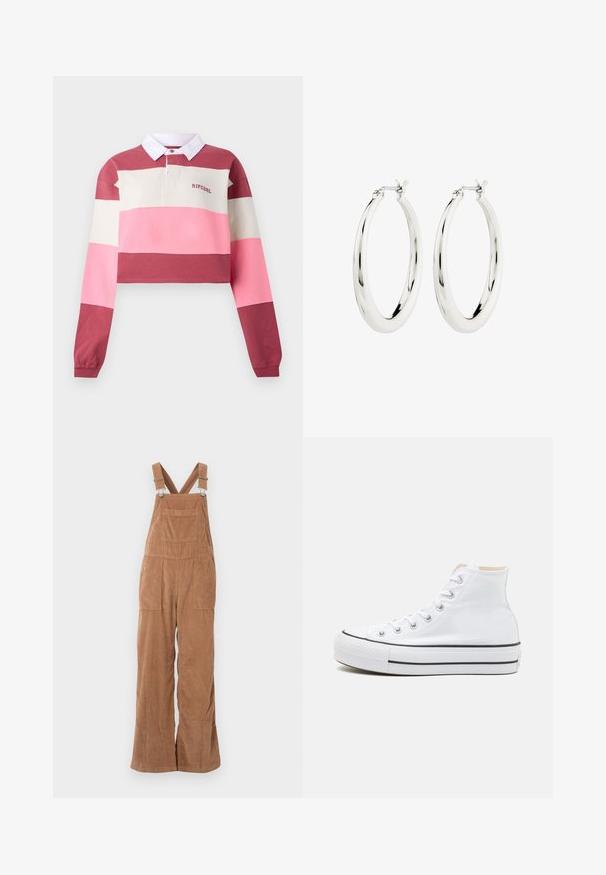 Langarm-Polohemd mit einem cropped Design, das horizontale Streifen in Rot, Rosa und Creme aufweist. Weißer Kragen mit gesticktem Logo.; Braune Corduroy-Latzhosen mit weitem Bein, verstellbaren Trägern und Vordertasche. Weiche Textur mit vertikalem Rippmuster.; Weiße High-Top-Sneaker aus einem Material aus Segeltuch, mit schwarzer Gummisohle und kontrastierendem schwarzen Streifen auf der Zwischensohle. Runde Zehenkappe und Schnürdesign.; Silberne Creolen mit einer glatten, glänzenden Oberfläche. Kreisform, ausgestattet mit einem sicheren Verschluss. Einfaches und elegantes Design.
