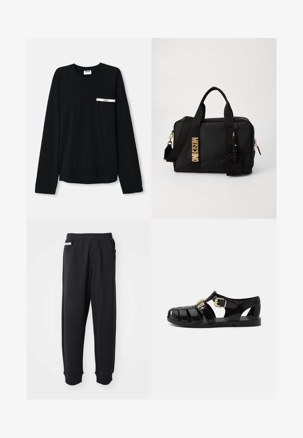 Camiseta negra de manga larga hecha de algodón. Cuenta con un bolsillo delantero con una franja blanca y logo. Diseño sencillo y clásico con cuello redondo.; Pantalones de chándal negros de tela suave, con cinturilla elástica, bolsillos laterales y puños acanalados en los tobillos. Diseño minimalista.; Sandalias de goma negras con diseño perforado, que cuentan con un cierre de hebilla dorada y una plantilla texturizada. Logo estampado en el talón.; Bolsa de nailon negra con herrajes en tono dorado, doble asa superior, correa de hombro desmontable y etiqueta de cuero. Forma rectangular con cierre de cremallera.