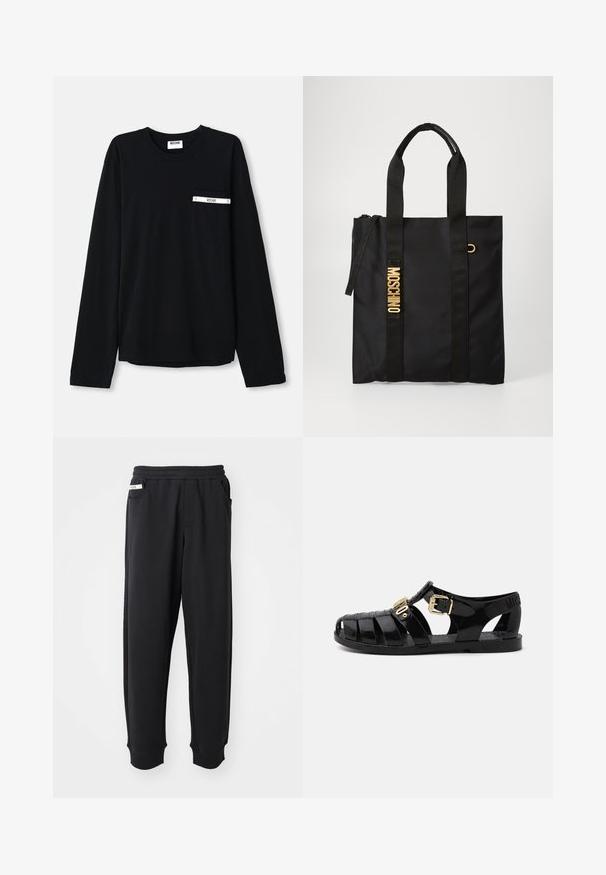 Camiseta negra de manga larga hecha de algodón. Cuenta con un bolsillo delantero con una franja blanca y logo. Diseño sencillo y clásico con cuello redondo.; Pantalones de chándal negros de tela suave, con cinturilla elástica, bolsillos laterales y puños acanalados en los tobillos. Diseño minimalista.; Sandalias de goma negras con diseño perforado, que cuentan con un cierre de hebilla dorada y una plantilla texturizada. Logo estampado en el talón.; Bolso tote negro hecho de tela suave con dos asas negras, que presenta un logo en dorado de "MOSCHINO" y un cierre superior con cremallera.