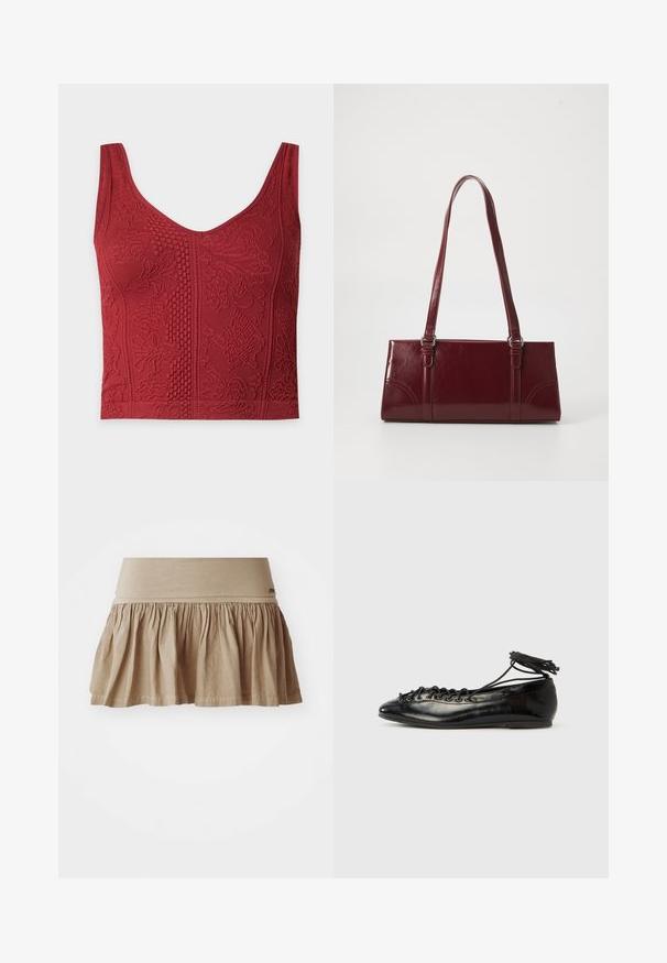 Rød strikket crop top med rund halsudskæring og hævede blomster- og geometriske teksturmønstre over hele stoffet.; Beige bomuldsnederdel med en rynket kant, der har et bredt elastisk taljebånd. Let materiale med en blød tekstur og afslappet design.; Sorte balletflade sko i laklæder med rundet tå, snørelukning og flad sål. Glat tekstur med få detaljer.; Bordeaux håndtaske lavet af glansfuldt materiale, rektangulær form, med to skulderremme og subtile buede detaljer på forsiden.