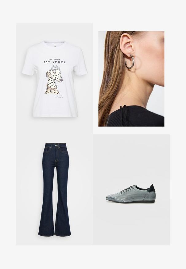 Witte katoenen t-shirt met een geïllustreerde hond met zwarte vlekken, die een kroon en een ketting draagt. De tekst luidt: "Ik kan mijn vlekken niet veranderen."; Donkerblauwe hoge taille spijkerbroek met uitlopende pijpen, voor- en achterzakken, zilveren knoopsluiting en oranje stikdetails.; Lichtgrijze lederen sneaker met een slank ontwerp, voorzien van gestikte details, zwarte veters en een donker accent op de hak. Rubberen zool.; Zilveren oorbel met een gepolijste afwerking, met kleine gouden accentdetails en een ronde vorm, gedragen op de oorlel.