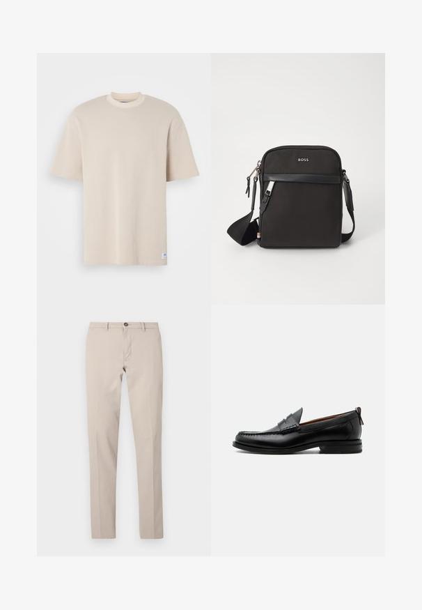 Beige geripptes T-Shirt mit rundem Halsausschnitt und kurzen Ärmeln, versehen mit einem sichtbaren Markenlabel in der unteren linken Ecke.; Beige Slim-Fit-Hose mit Gürtelschlaufen, Knopfverschluss und vorderlichem Reißverschluss, flach auf weißem Hintergrund dargestellt.; Schwarzer Leder-Herrenschuh mit Mokassinnaht, Penny-Riemen, strukturiertem Kragen und niedrigem gestapeltem Absatz auf weißem Hintergrund.; Schwarze Umhängetasche aus strukturiertem Stoff, mit Logo auf der Vorderseite, Reißverschluss und verstellbarem Tragegurt. Verfügt über eine glatte Lederbesatz.