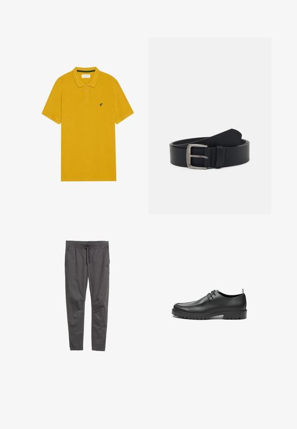 Polo shirt jaune en tissu texturé avec un plastron à trois boutons et un petit logo d'oiseau bleu brodé sur la poitrine.; Pantalons noirs légers avec une taille élastique et un cordon de serrage. Présentent des jambes fuselées et des poches latérales pour plus de praticité.; Chaussures en cuir noir avec une finition lisse, bout arrondi et coutures décoratives. Elles possèdent une semelle en caoutchouc avec des rainures de traction et un laçage.; Ceinture en cuir noir avec une boucle en métal argenté, présentant une finition lisse et un design classique. La ceinture est enroulée avec l'extrémité pointée.