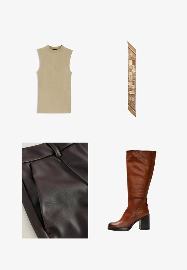 BOSS FESKIES - Débardeur - light beige five; Pantalons en cuir marron foncé avec une texture lisse, présentant des plis à l'avant et une taille avec une couture décorative.; Botte en cuir marron, haute jusqu'au genou, avec un bout rond, un talon épais noir et des coutures discrètes sur le devant et l'arrière.; Écharpe en soie présentant un motif de sacs à main marron et beige avec des accents dorés, sur un fond en forme de ruche et bordée de beige.