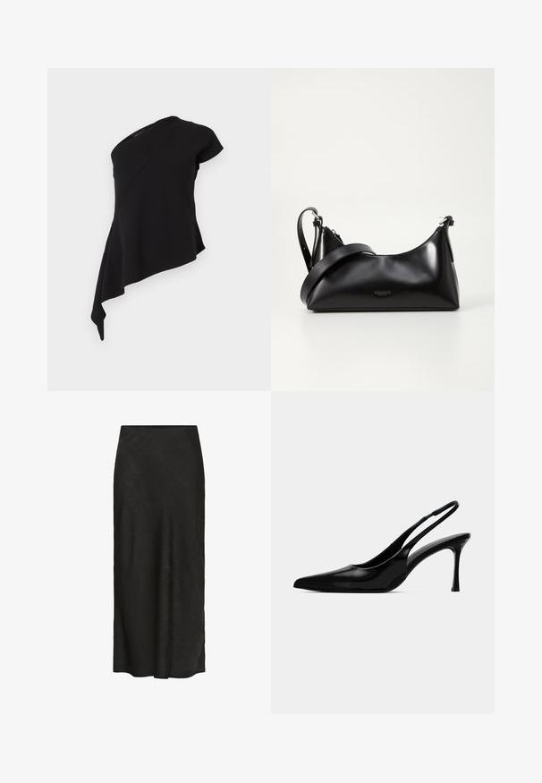 Top asymétrique noir avec une manche courte et un ourlet drapé fluide d'un côté sur fond blanc.; Jupe noire, longue jusqu'au sol, en tissu texturé. Dotée d'une taille lisse, d'un léger drapé et d'un design minimal sans détails supplémentaires.; Escarpin en cuir verni noir à bride arrière, avec un bout pointu, un design épuré et un talon aiguille fin. Texture lisse, embellissements minimaux.; Sac à main en cuir noir avec une texture lisse. Dispose d'une bandoulière adjustable et d'un design élégant et minimaliste avec une fermeture éclair.