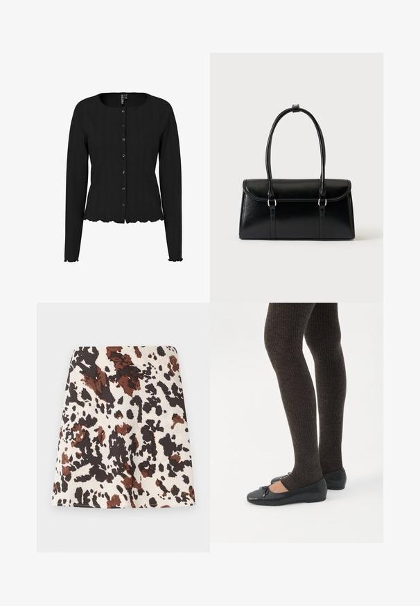 Cardigan noir à manches longues avec une texture côtelée, un col rond et un ourlet en dents de scie. Présente un devant à boutons et des détails subtils.; Jupe courte avec un motif tacheté de vache en crème, marron et noir. Fabriquée en tissu doux, elle présente un design droit et ajusté avec une légère élasticité.; Jambes portant des leggings côtelés foncés associés à des ballerines noires avec de petits détails en nœud sur fond blanc.; Sac à main rectangulaire en cuir noir avec fermeture à rabat et deux longues anses sur fond blanc uni.