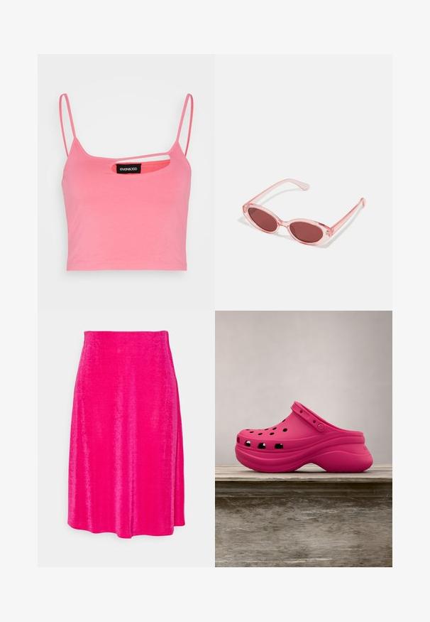 Even&Odd by Zalando Top - pink; Monki sukňa v tvare A - pink; Jasne ružové gumené klobúkové topánky s ventilačnými otvormi, zadným pásikom a zakrivenou platformou pre pohodlie. Elegantná a hladká textúra po celom povrchu.; Ružové priehľadné slnečné okuliare s oválnymi šošovkami, tmavočerveným tónovaním a štíhlymi ramenami, so hladkým povrchom a jemnými detailmi na ráme.