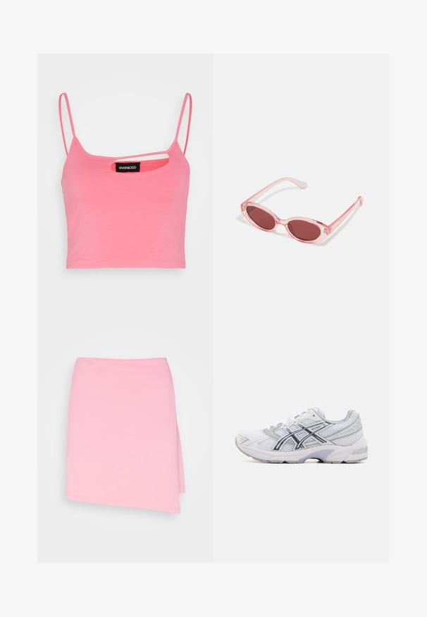Even&Odd Μπλούζα - pink; Even&Odd Φούστα παρεό - pink; ASICS SportStyle GEL 1130 - Αθλητικά παπούτσια - white/carrier grey; Ροζ διαφανή γυαλιά ηλίου με ωοειδείς φακούς, σκούρο κόκκινο τόνισμα και κομψούς βραχίονες, με απαλή υφή και διακριτές λεπτομέρειες στο σκελετό.