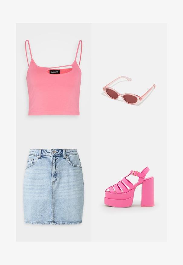 Even&Odd by Zalando Top - pink; Svetlomodrá denimová minisukňa s predným gombíkom, pútkami na opasok, dvoma prednými vreckami a viditeľným vertikálnym švom v strede.; Steve Madden CARLITA - Sandále na vysokom opätku - pink; Ružové priehľadné slnečné okuliare s oválnymi šošovkami, tmavočerveným tónovaním a štíhlymi ramenami, so hladkým povrchom a jemnými detailmi na ráme.