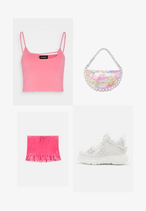 Even&Odd by Zalando Top - pink; Roter Samtenenrock mit Rüsche am Saum, Kordelzugbund und silbernen Akzenten. Weiche Textur mit einem lässigen Design.; Weißer klobiger Sneaker mit dicker Sohle und dekorativen 3D-Schmetterlingsakzenten an der Seite, den Schnürsenkeln und der Ferse.; Halbmond-Handtasche mit mehrfarbigen Pailletten, ausgestattet mit einem mit Strass verzierten Griff und einer weichen, strukturierten Oberfläche.