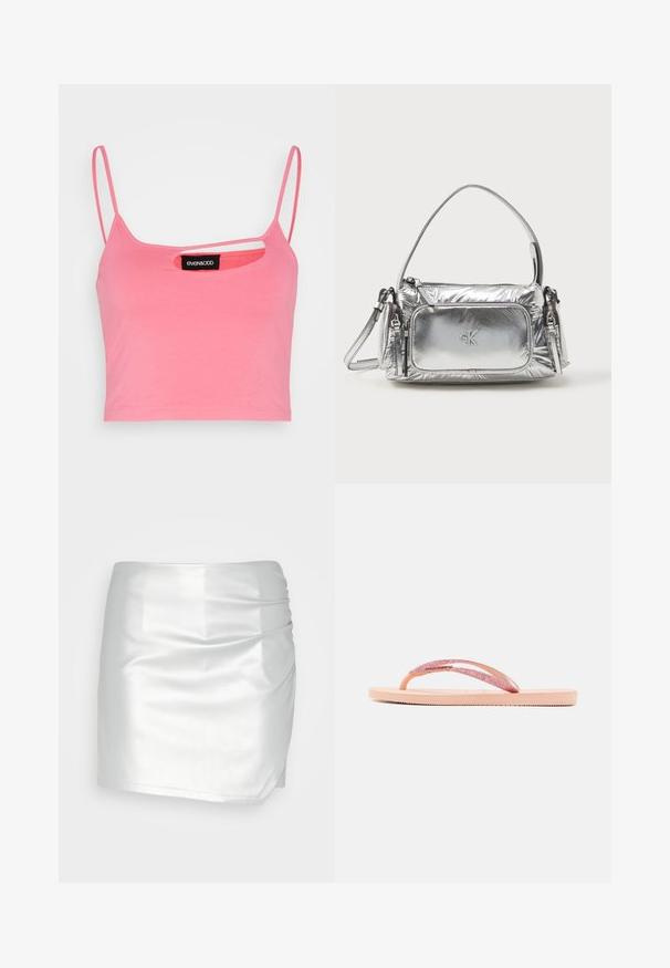 Even&Odd by Zalando Débardeur - pink; Even&Odd by Zalando Short - silver; Tongs roses avec une lanière pailletée, une semelle en caoutchouc texturée et un design plat simple. Les accents incluent une pièce de connexion brillante.; Sac à main en argent métallique de forme rectangulaire, avec une fermeture éclair sur le dessus et une poche avant. Il est doté d'une courte poignée et d'une sangle réglable. Fini texturé.