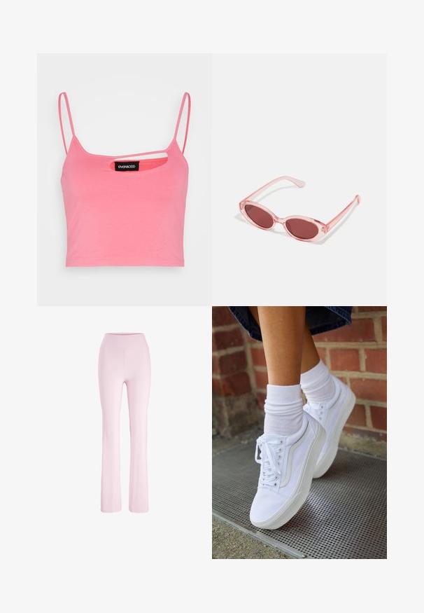 Even&Odd by Zalando Top - pink; Svetloružové jogové nohavice s vysokým pásom, úzkym strihom cez stehná a mierne rozšírenými nohavicami, zobrazené na bielom pozadí.; Biele plátené tenisky s gumovou podrážkou, s piatimi dierkami na šnúrky, okrúhlou špičkou a svetlými švami, doplnené o biele členkové ponožky.; Ružové priehľadné slnečné okuliare s oválnymi šošovkami, tmavočerveným tónovaním a štíhlymi ramenami, so hladkým povrchom a jemnými detailmi na ráme.