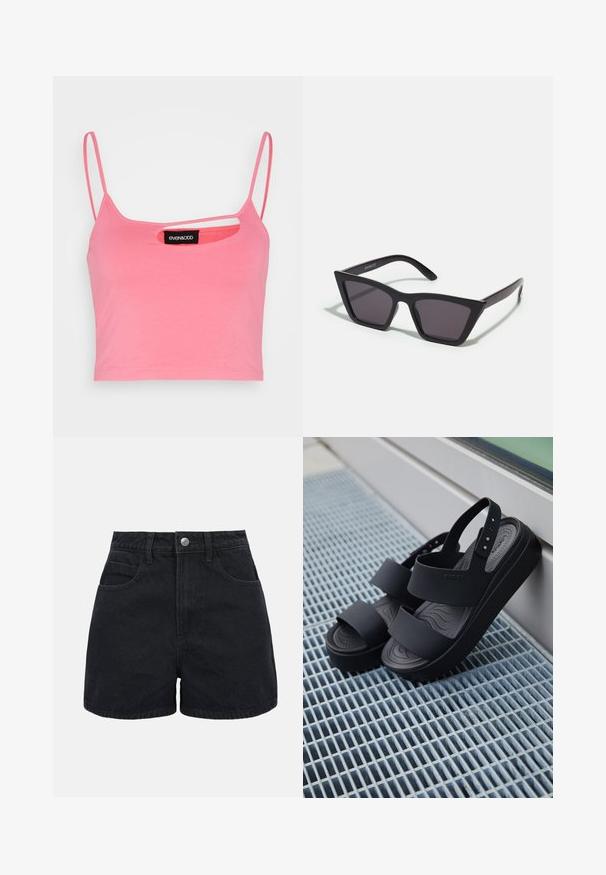 Even&Odd Top - pink; Sorte denimshorts med høj talje, frontknap, bæltestropper og to forlommer på en ensfarvet hvid baggrund.; Sorte platformsandaler med to brede remme og en bagrem, placeret på en metalristet overflade ved siden af et glasvindue.; Sorte, kantede solbriller med grå linser; lavet af plast, med tykke stænger med en glat overflade og ingen synlig hardware.