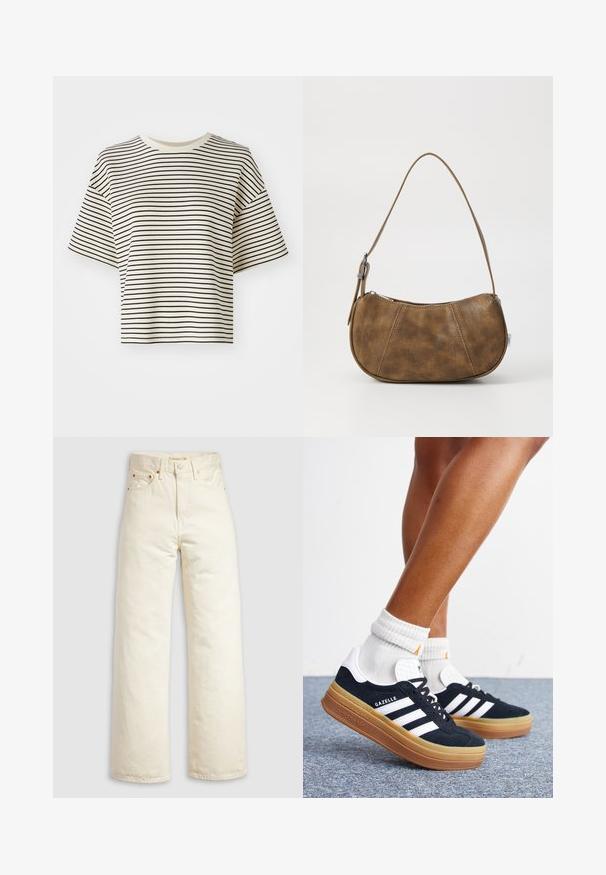 Stribet cropped t-shirt med korte ærmer. Farve: off-white bund med tynde sorte vandrette striber. Materialet ser blødt ud, med en glat tekstur.; Vidbenede jeans i offwhite denim med høj talje, kobbernitter og klassisk design med fem lommer. Struktureret stof med rene kanter.; Ben iført hvide sokker og sorte Adidas Gazelle sneakers med hvide striber og tykke brune såler på et gråt tæppe.; Brun faux læder skuldertaske med en buet form, en enkelt strop, kontrasterende syninger og en lynlåslukning langs den øverste kant.