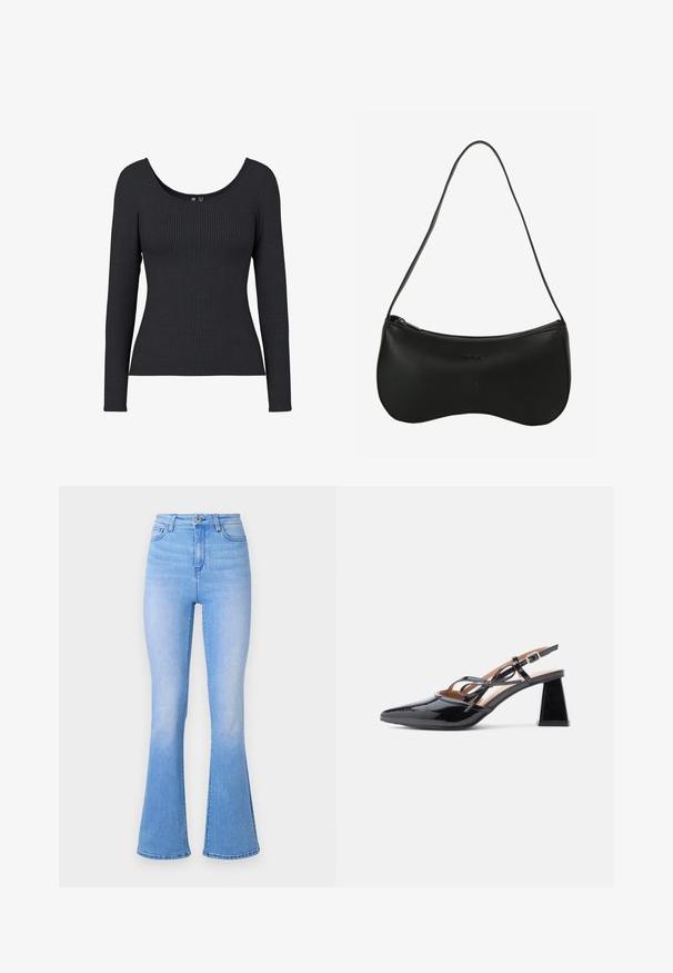 Sort ribbet langærmet top med en rund halsudskæring. Materialet er blødt og strækbart, og har en vertikal ribstruktur over hele toppen.; Lyseblå flared jeans med høj talje, lavet af denim. Har en glat tekstur og en subtil falmende effekt mod kanten. Klassisk fem-lomme design.; Blanke sorte slingback hæle med spids tå og åben design, der har en blokhæl og dekorativ sløjfedetalje på remmen.; Sort skuldertaske i læder med buet form, lynlås og enkelt tynd skulderrem; glat tekstur og diskret præget logodetalje.