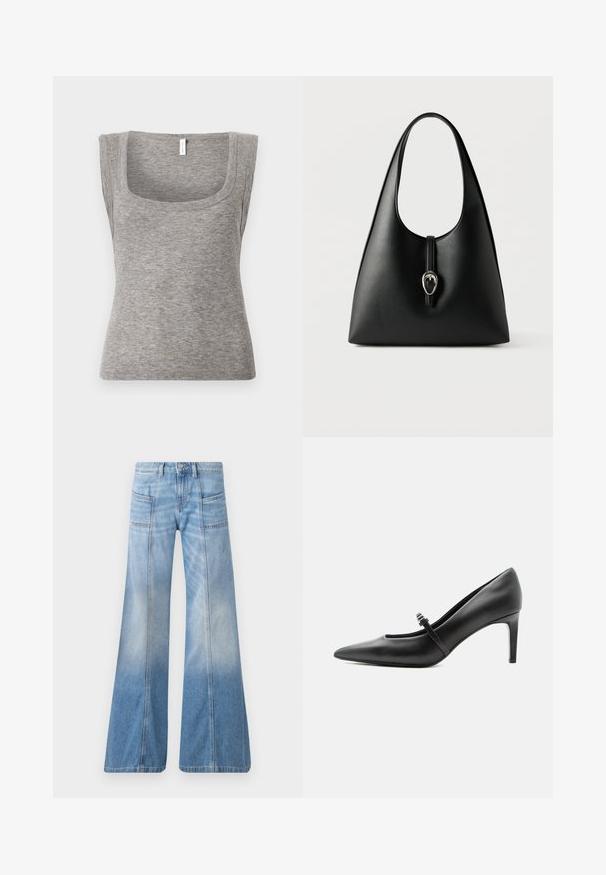 Camiseta sin mangas acanalada gris con escote cuadrado y silueta ajustada, que muestra una textura suave y un ligero estiramiento.; Vaqueros acampanados de color azul claro hechos de mezclilla. Cuentan con una cintura alta, cuatro bolsillos y un efecto de degradado desvaído hacia el dobladillo.; Zapato de tacón alto de cuero negro con punta puntiaguda, con tira fina y hebilla sobre el empeine, sobre fondo claro y neutro.; Bolso de mano de cuero negro con un asa única y cierre de correa con hebilla plateada sobre fondo blanco.