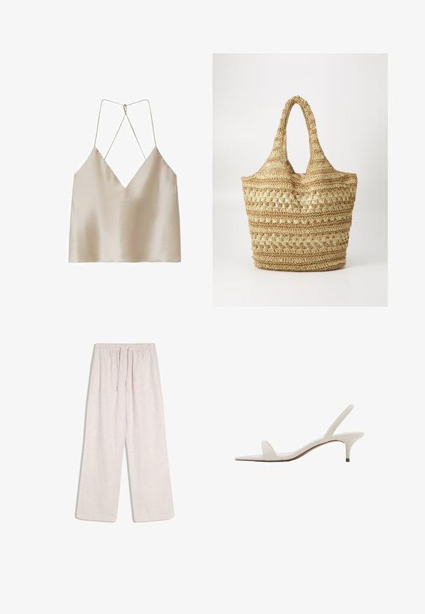 Camisole en satin beige avec un décolleté en V profond et de fines bretelles spaghetti croisées dans le dos.; Pantalon large en lin beige avec taille élastique et cordon de serrage, doté de poches latérales, conçu pour un usage décontracté.; Sandale blanche à bout ouvert avec bride arrière et petit talon kitten, dotée d'une seule lanière avant.; Sac en paille tissé avec double poigné, présentant un motif tissé open et une couleur beigne naturelle, adapté à un usage décontracté.