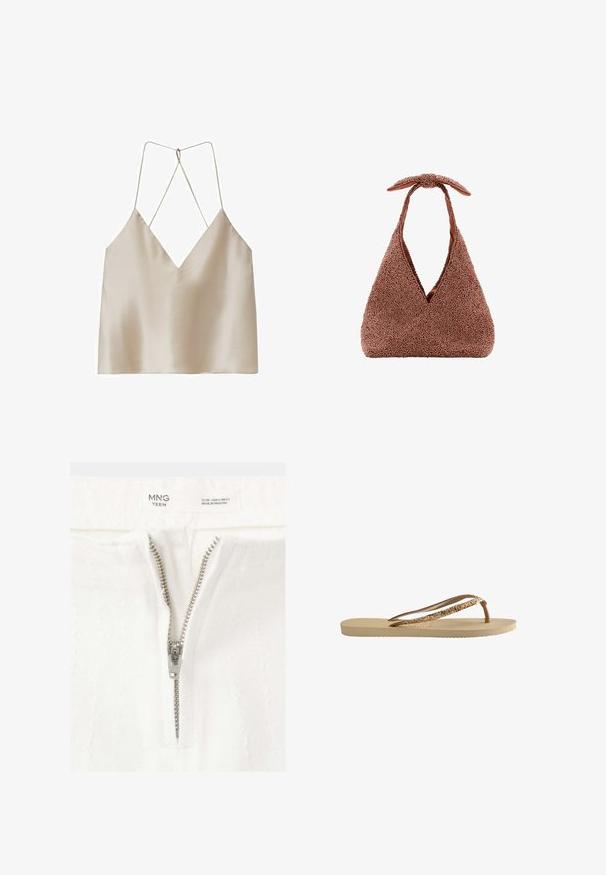 Camisola de satén beige con escote en V profunda y tirantes finos de espagueti cruzados en la espalda.; Primer plano de una prenda blanca con una cremallera plateada parcialmente abierta y una etiqueta que muestra la talla EU 38, USA 4, fabricada en Pakistán.; Chanclas con una suela texturizada beige, finas tiras marrones y acentos de purpurina dorada. Diseño ligero adecuado para uso casual.; Bolso de mano triangular marrón texturizado, con abertura en V profunda y asa corta atada en la parte superior, sobre fondo blanco liso.