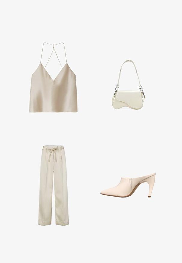 Camisola de satén beige con escote en V profunda y tirantes finos de espagueti cruzados en la espalda.; Pantalones de pierna ancha de talle alto en beige con un cinturón de lazo y pliegues en la cintura, mostrados sobre un fondo blanco.; Mula beige con puntera puntiaguda, tacón curvado de altura media y detalles mínimos de costura cerca de la abertura sobre un fondo blanco.; Bolso de hombro de cuero color crema con solapa curva, anillos de metal plateado y correa desmontable sobre un fondo blanco.