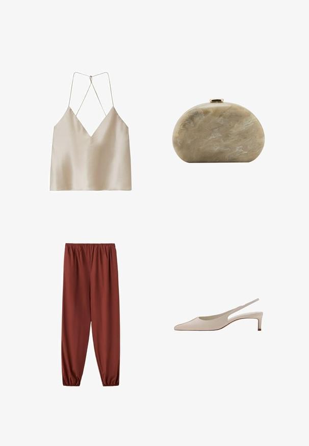 Camisole en satin beige avec un décolleté en V profond et de fines bretelles spaghetti croisées dans le dos.; Pantalon ample marron rouille avec taille élastique et bas resserrés élastiqués, présenté sur un fond blanc.; Chaussure slingback en cuir beige avec bout pointu et petit talon bloc, vue de côté sur fond blanc.; Petit sac pochette rigide beige marbré avec une forme arrondie et une fermeture à clip dorée sur le dessus.