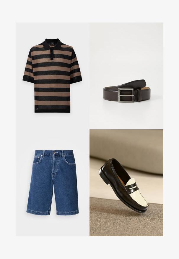 Polo met korte mouwen met zwarte en beige horizontale strepen, een zwarte kraag, drie zwarte knopen en een opengebreide structuur.; Donkerblauwe denim shorts met een rechte snit, twee voorzakken en een klassieke knoopsluiting. Gestikte zoom met lichte vervaging.; Zwarte leren instapper met een crèmekleurige bovenkant en zwarte accentstrepen, kenmerkend door een lage hak en gedetailleerde stiksels langs de randen.; Bruine leren riem met een gestructureerde afwerking, metalen zilverkleurige gesp en een eenvoudig ontwerp. De gesp heeft een rechthoekige vorm en merkgravure.