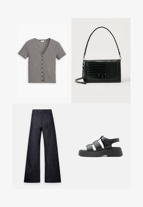Camisa de botones de manga corta a rayas en blanco y negro con escote en forma de V y tejido texturizado. Presenta múltiples botones en la parte delantera.; Pantalones vaqueros de pierna ancha en denim oscuro con una textura suave, diseño tradicional de cinco bolsillos y un sutil brillo, con un cierre de botón.; Sandalia de plataforma negra con tres tiras anchas, correa ajustable en el tobillo y suela gruesa, mostrada de perfil sobre un fondo blanco.; Bolso de hombro de cuero negro con textura de cocodrilo, forma rectangular, correa con cadena como detalle y cierre frontal de giro.