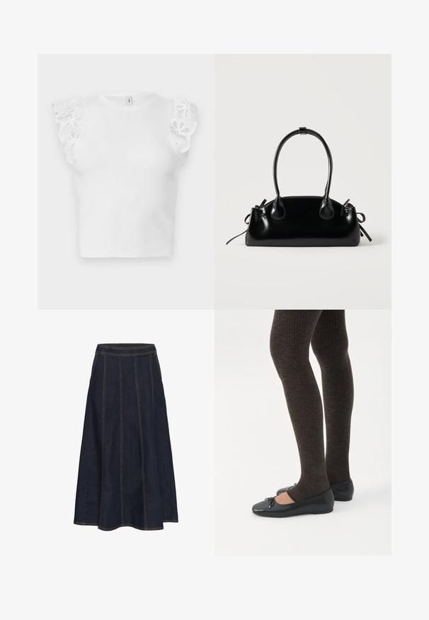 Top blanco sin mangas de punto acanalado con cuello redondo y detalles de volantes de encaje floral en los hombros.; Falda A de mezclilla oscura con una cinturilla ancha, costuras visibles y un dobladillo acampanado. No tiene bolsillos ni adornos.; Piernas con leggings oscuros acanalados combinados con bailarinas negras que presentan pequeños detalles de lazo sobre un fondo blanco.; Pequeño bolso negro brillante con dos asas largas y detalles de cordón lateral sobre un fondo claro liso.